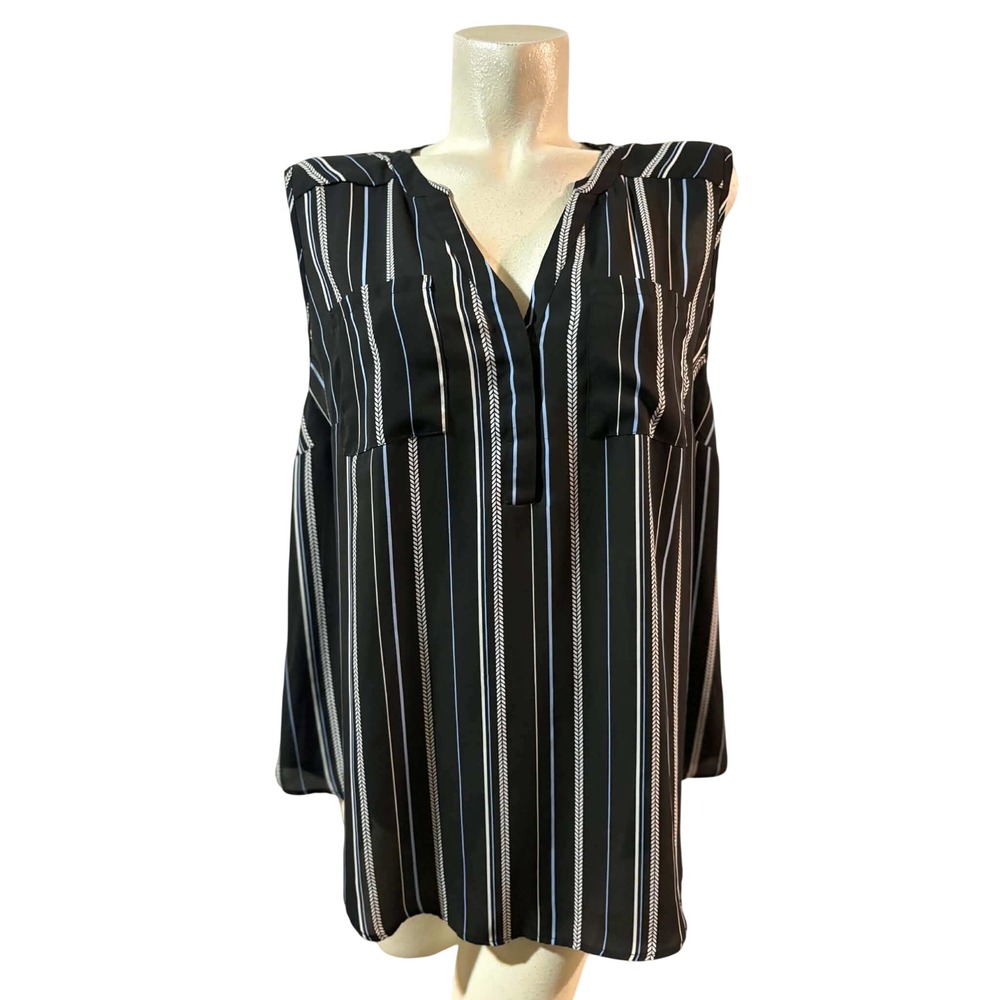 Torrid Harper Blouse Sz 1X (1) Black Blue White Striped Sleeveless Georgette Top